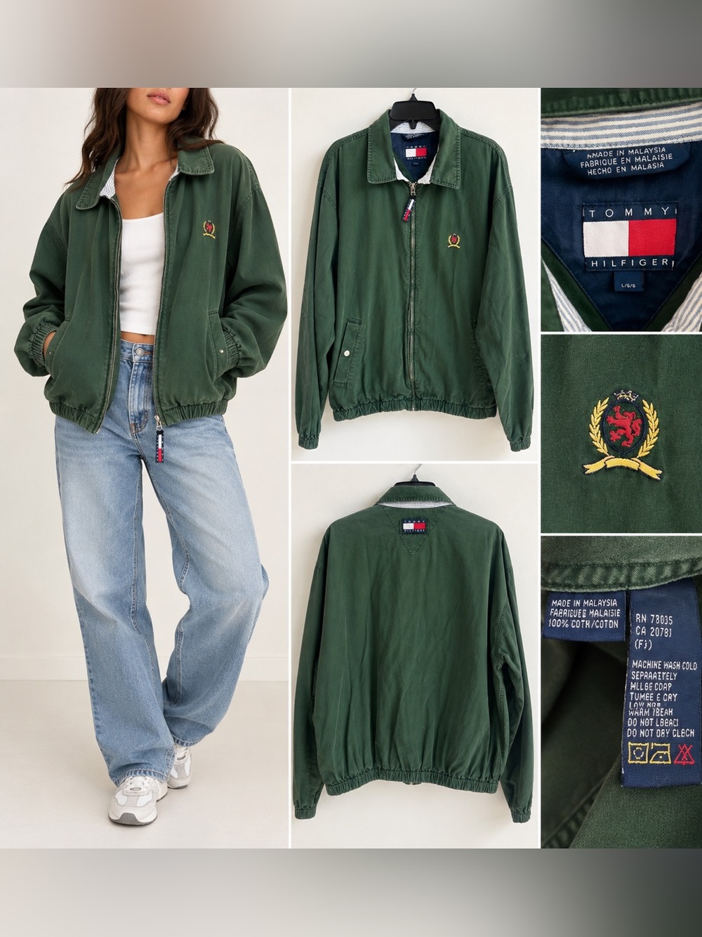 Vintage Tommy Hilfiger Green Crest Logo Zip Jacket Size Large